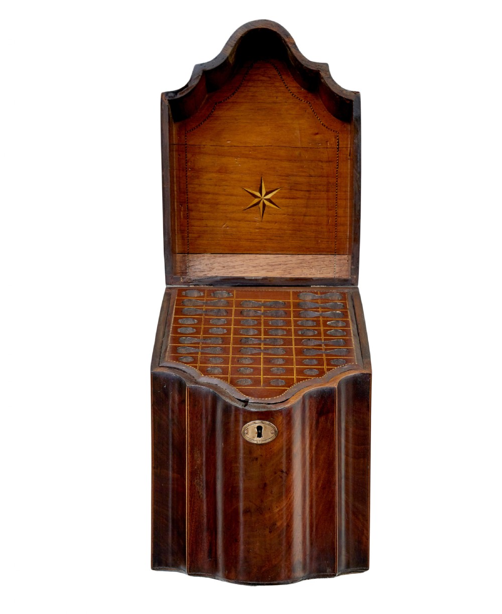 An 18th-century Georgian mahogany knife box featuring a sloping lid with a central floral marquetry inlay, serpentine front profile, and brass keyhole escutcheon. View II