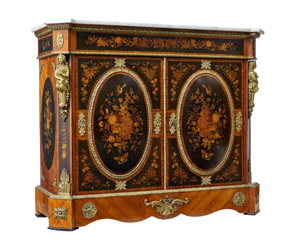 A 19th-century Louis XVI style meuble dappui featuring floral marquetry wood inlays, gilt-bronze mounts, twin doors, and a white marble top.