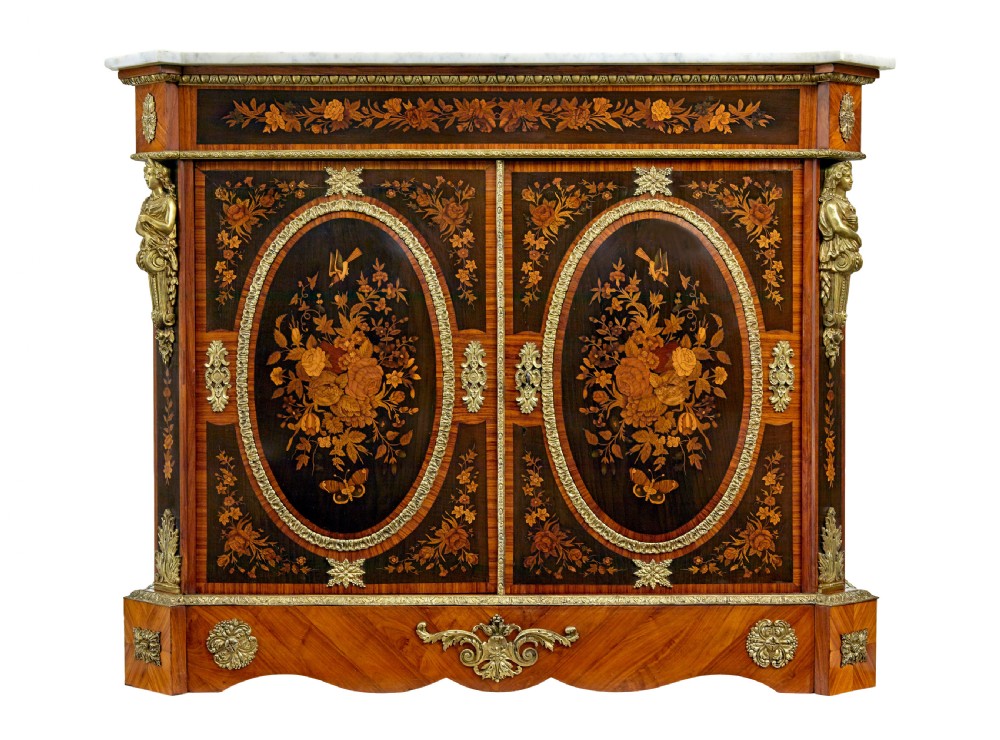 A 19th-century Louis XVI style meuble dappui featuring floral marquetry wood inlays, gilt-bronze mounts, twin doors, and a white marble top. View II