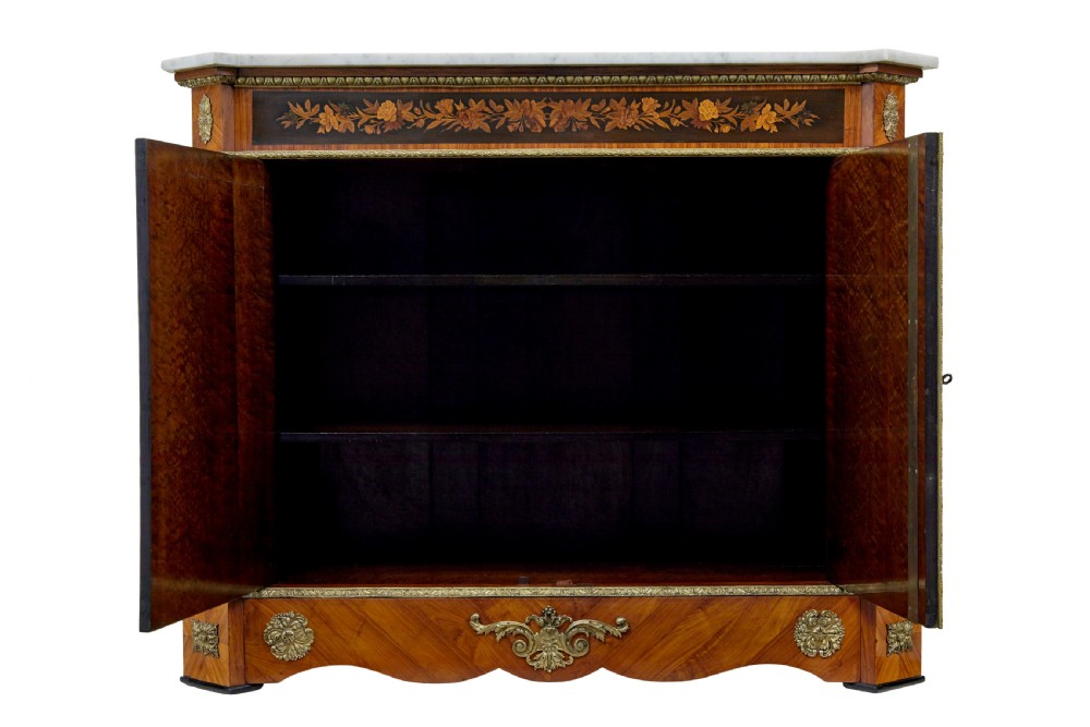 A 19th-century Louis XVI style meuble dappui featuring floral marquetry wood inlays, gilt-bronze mounts, twin doors, and a white marble top. View III