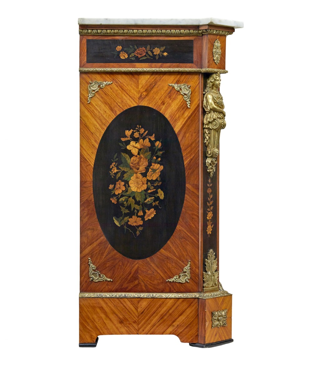A 19th-century Louis XVI style meuble dappui featuring floral marquetry wood inlays, gilt-bronze mounts, twin doors, and a white marble top. View IV