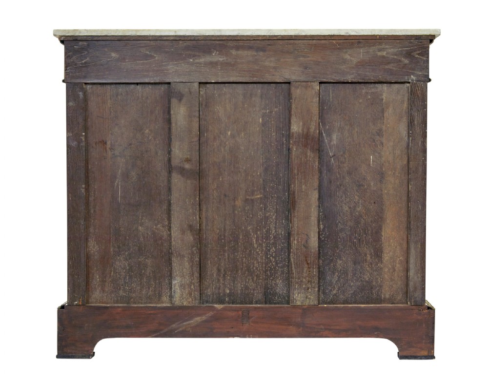 A 19th-century Louis XVI style meuble dappui featuring floral marquetry wood inlays, gilt-bronze mounts, twin doors, and a white marble top. View V