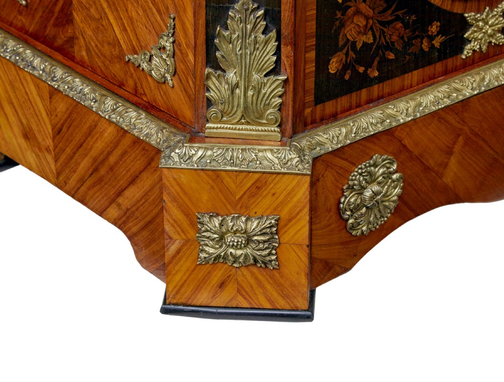 A 19th-century Louis XVI style meuble dappui featuring floral marquetry wood inlays, gilt-bronze mounts, twin doors, and a white marble top. View VIII