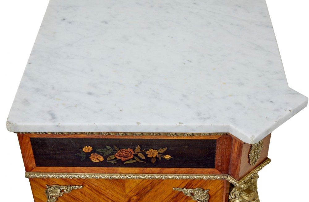 A 19th-century Louis XVI style meuble dappui featuring floral marquetry wood inlays, gilt-bronze mounts, twin doors, and a white marble top. View XIII