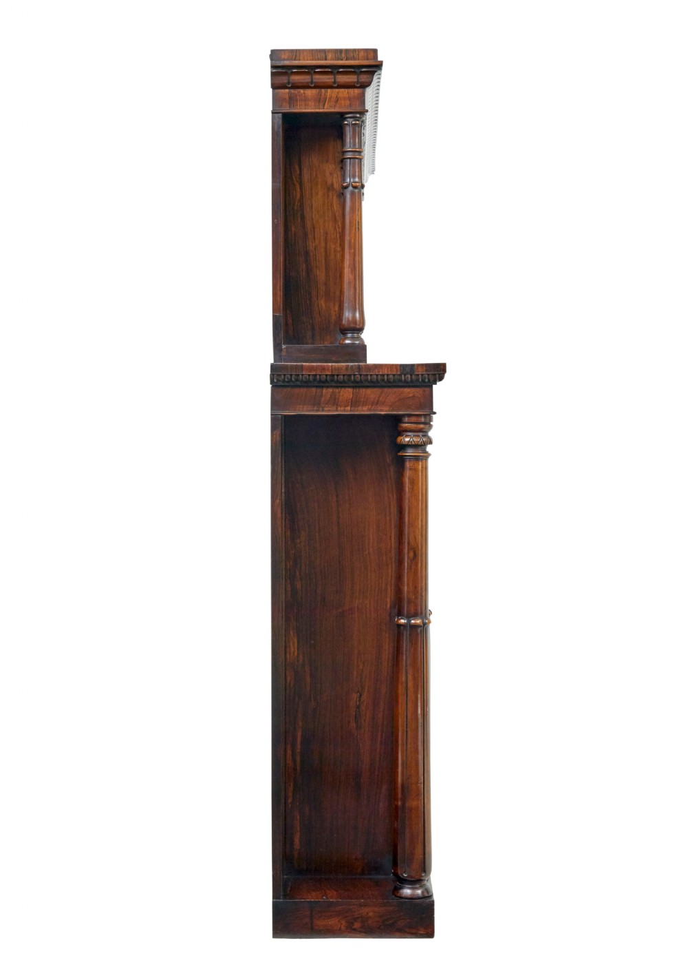 A mid 19th-century dark palisander wood chiffonier with turned columns, glazed cabinet doors, and an upper display shelf structure with mirror backing. View III