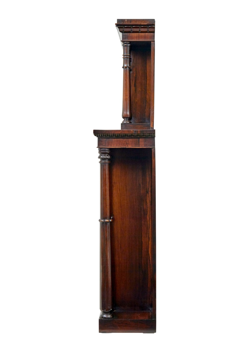 A mid 19th-century dark palisander wood chiffonier with turned columns, glazed cabinet doors, and an upper display shelf structure with mirror backing. View VI