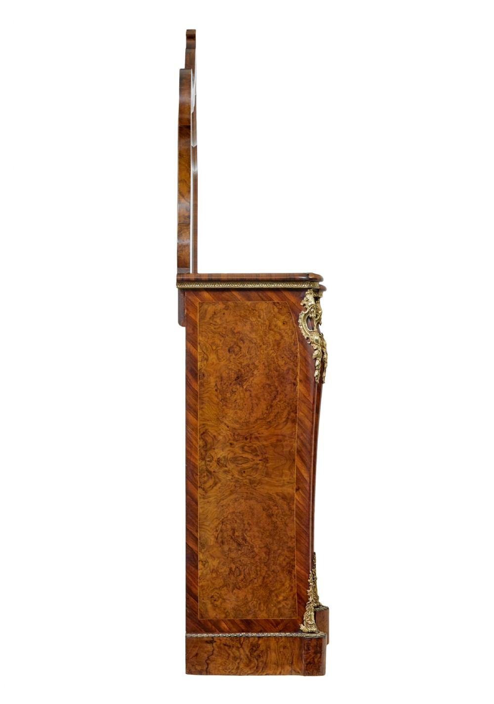 A High Victorian burr walnut credenza featuring floral marquetry inlay, glazed side display cabinets, gilt metal mounts, and a shaped mirror frame superstructure. View VII