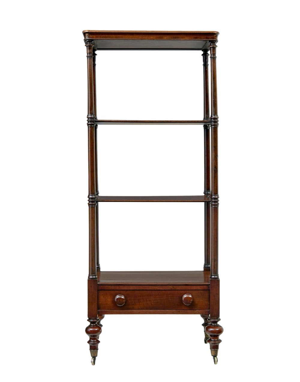 A mid-19th-century mahogany four-tier whatnot featuring slender turned supports, a single base drawer with turned wooden handles, and turned legs with brass castors. View III