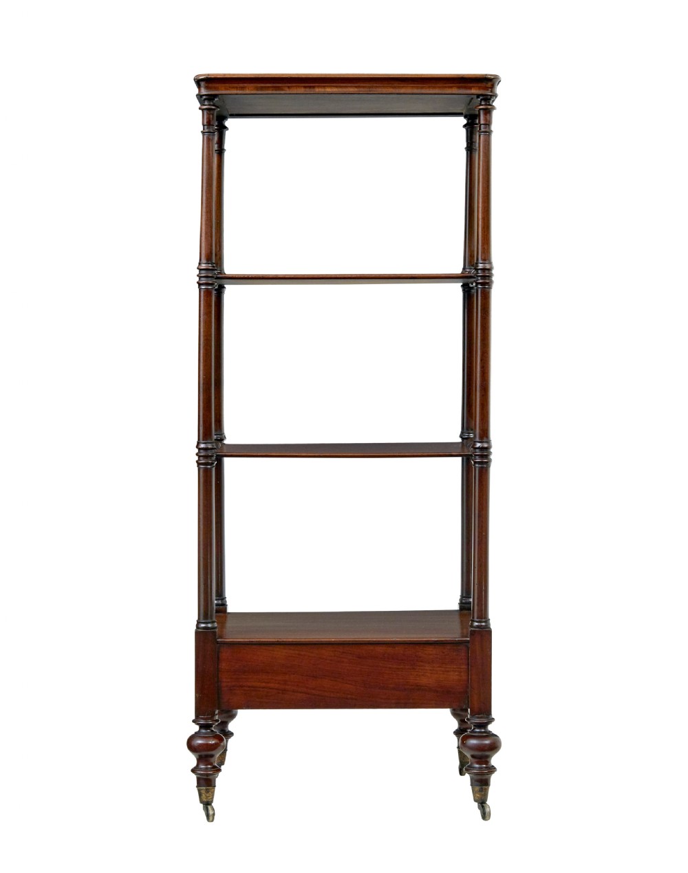A mid-19th-century mahogany four-tier whatnot featuring slender turned supports, a single base drawer with turned wooden handles, and turned legs with brass castors. View V
