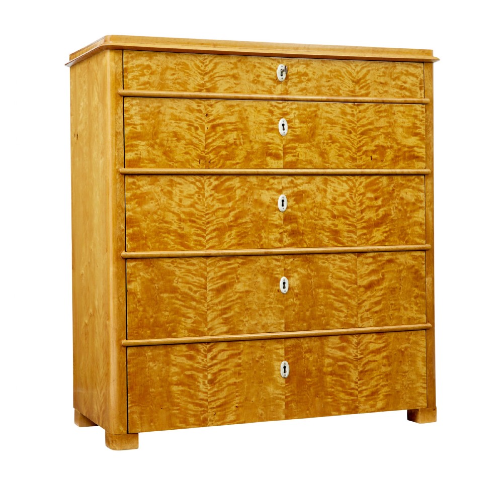 A 19th-century Swedish flame birch chest featuring five graduated drawers with white keyhole escutcheons.