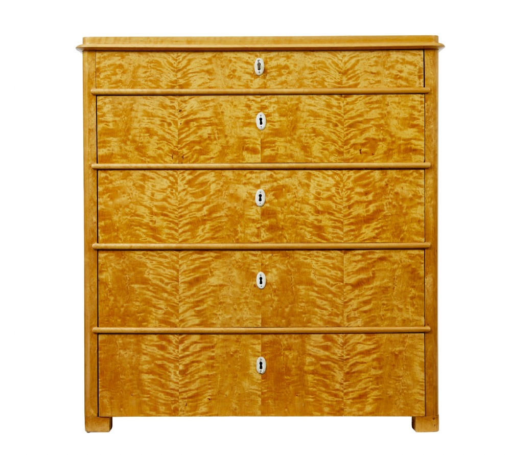 A 19th-century Swedish flame birch chest featuring five graduated drawers with white keyhole escutcheons. View III