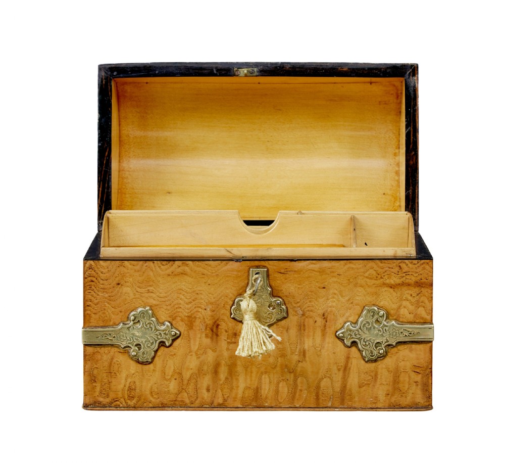 A nineteenth-century dome-topped pollard oak stationery box featuring ornate engraved brass strapwork mounts and a key in the lock escutcheon. View III