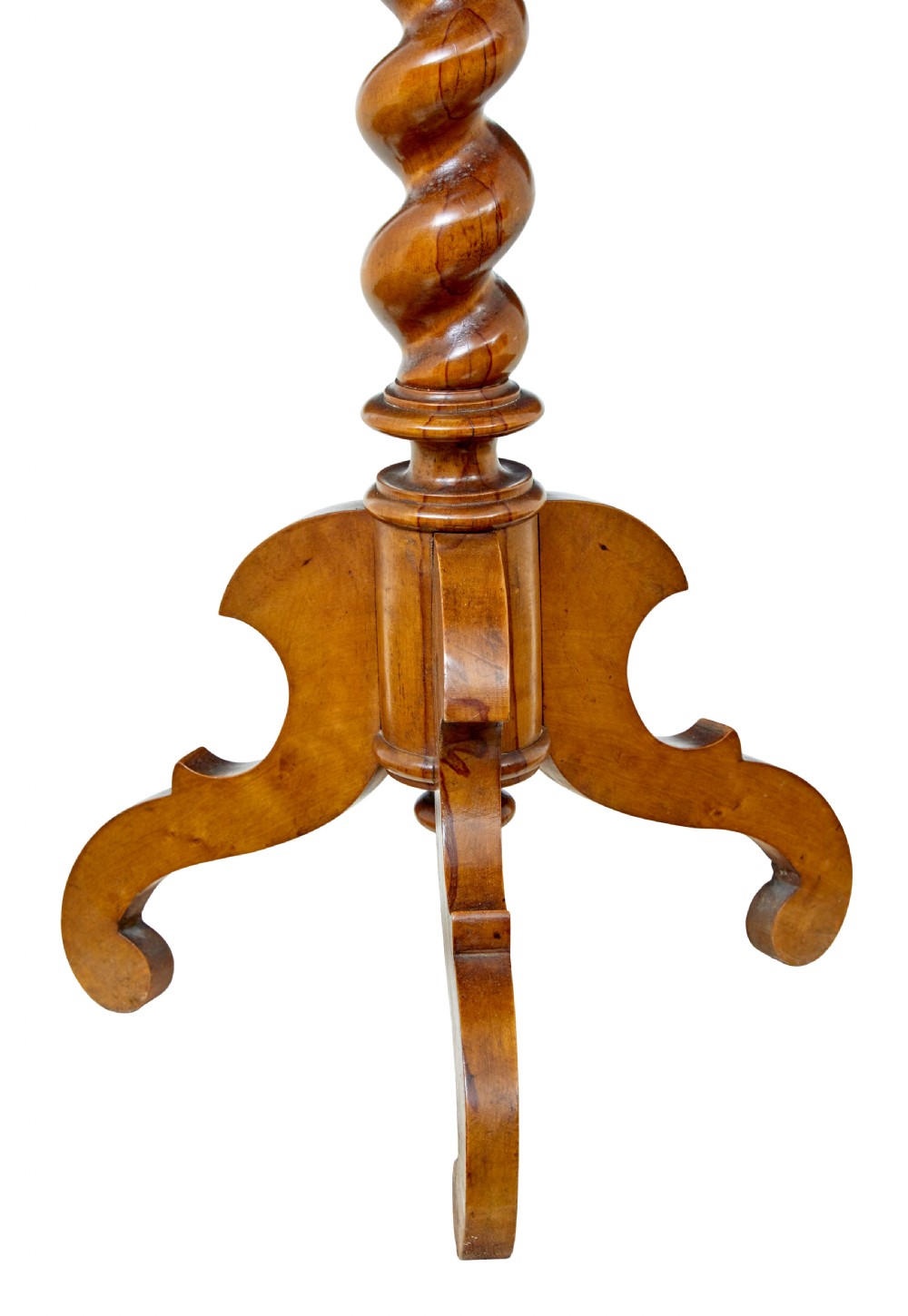 A 19th-century octagonal side table crafted from figured burr elm with a barley twist central column and tripod scrolled feet. View II