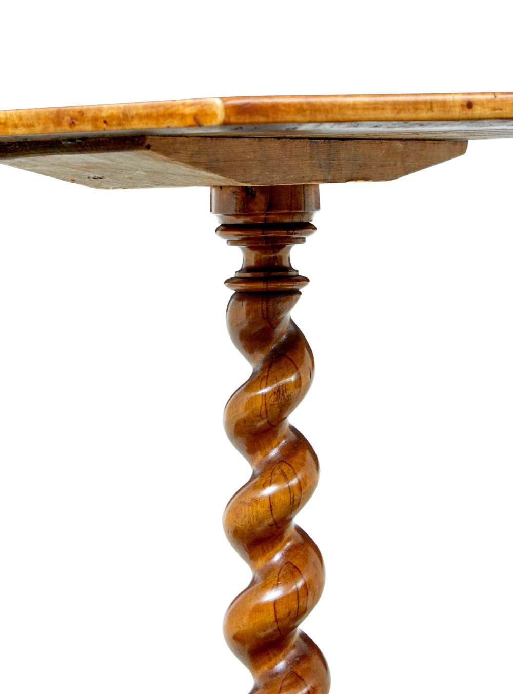 A 19th-century octagonal side table crafted from figured burr elm with a barley twist central column and tripod scrolled feet. View III