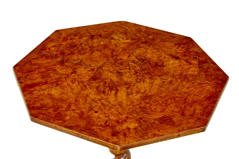 A 19th-century octagonal side table crafted from figured burr elm with a barley twist central column and tripod scrolled feet. View IV