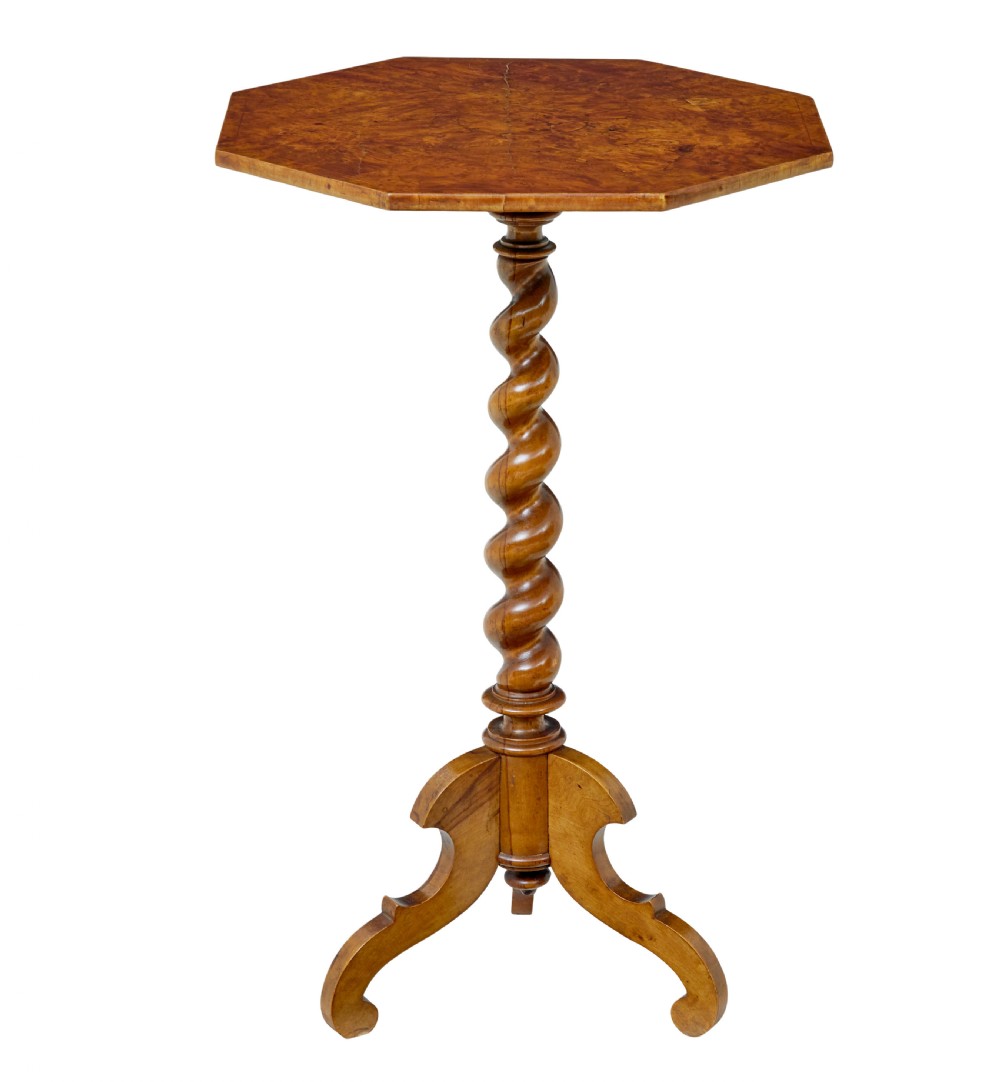 A 19th-century octagonal side table crafted from figured burr elm with a barley twist central column and tripod scrolled feet. View VI