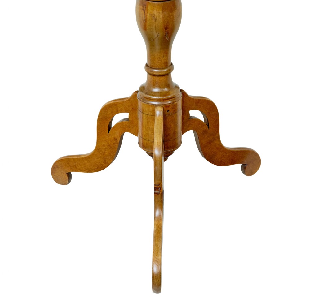 A 19th-century Swedish games table crafted from birch timber, featuring a lobed top with an inlaid wooden chessboard set upon a turned pedestal and tripod legs. View V