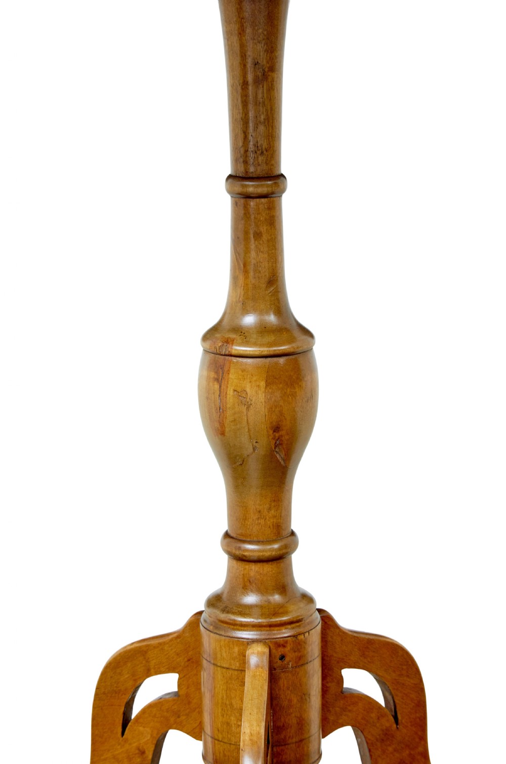 A 19th-century Swedish games table crafted from birch timber, featuring a lobed top with an inlaid wooden chessboard set upon a turned pedestal and tripod legs. View VI