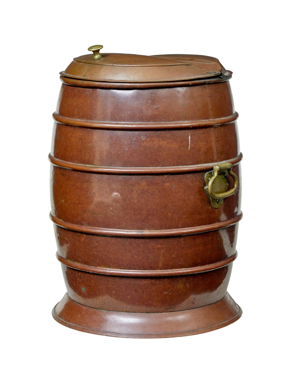 A 19th-century copper water barrel with horizontal raised bands, cast brass drop handles, a flared base, and a fitted copper lid with a brass knob.