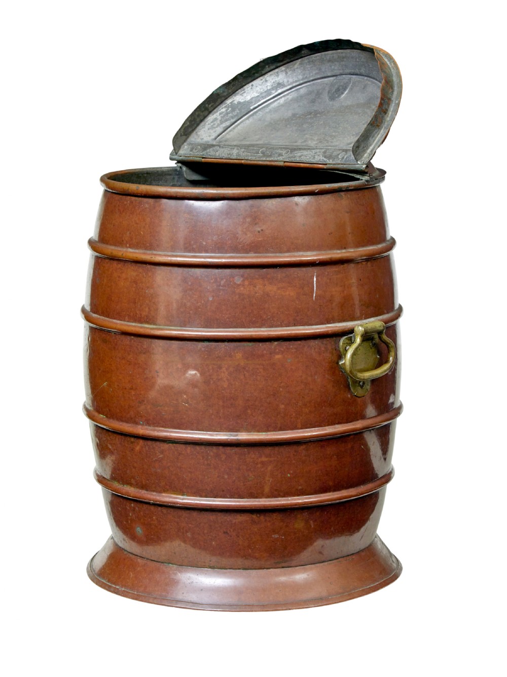 A 19th-century copper water barrel with horizontal raised bands, cast brass drop handles, a flared base, and a fitted copper lid with a brass knob. View II