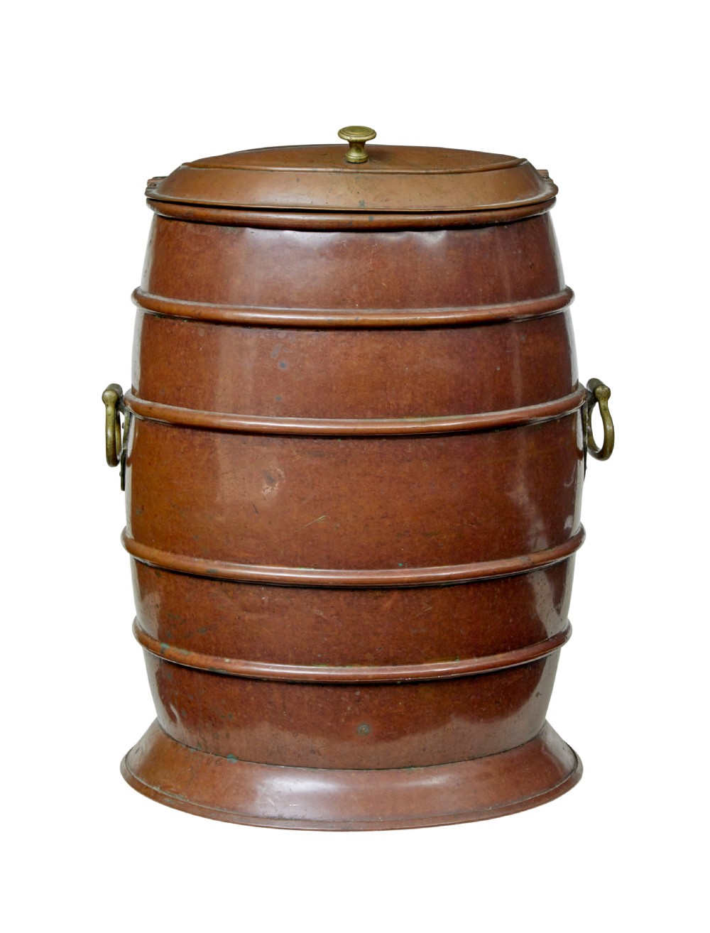 A 19th-century copper water barrel with horizontal raised bands, cast brass drop handles, a flared base, and a fitted copper lid with a brass knob. View III