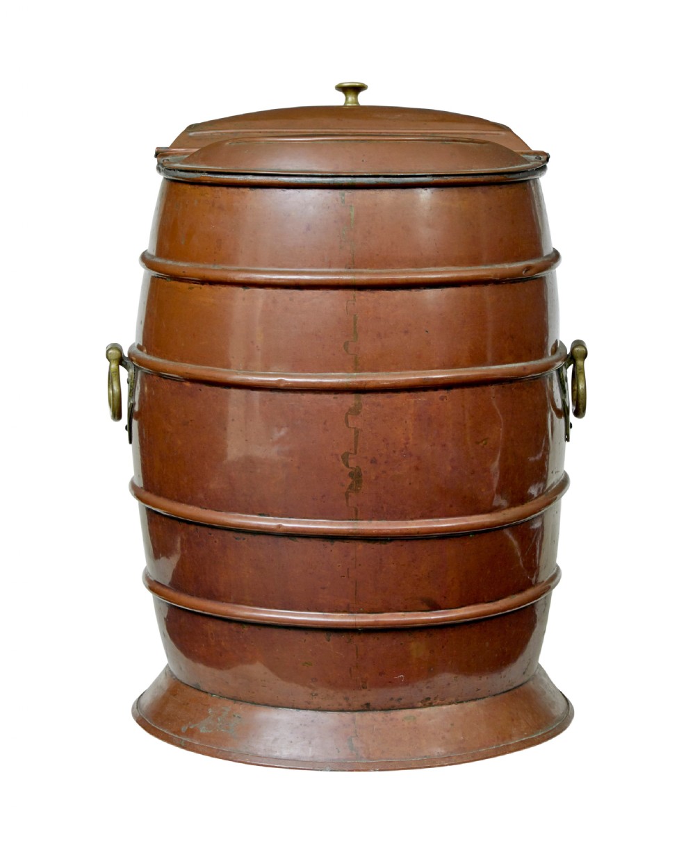 A 19th-century copper water barrel with horizontal raised bands, cast brass drop handles, a flared base, and a fitted copper lid with a brass knob. View IV