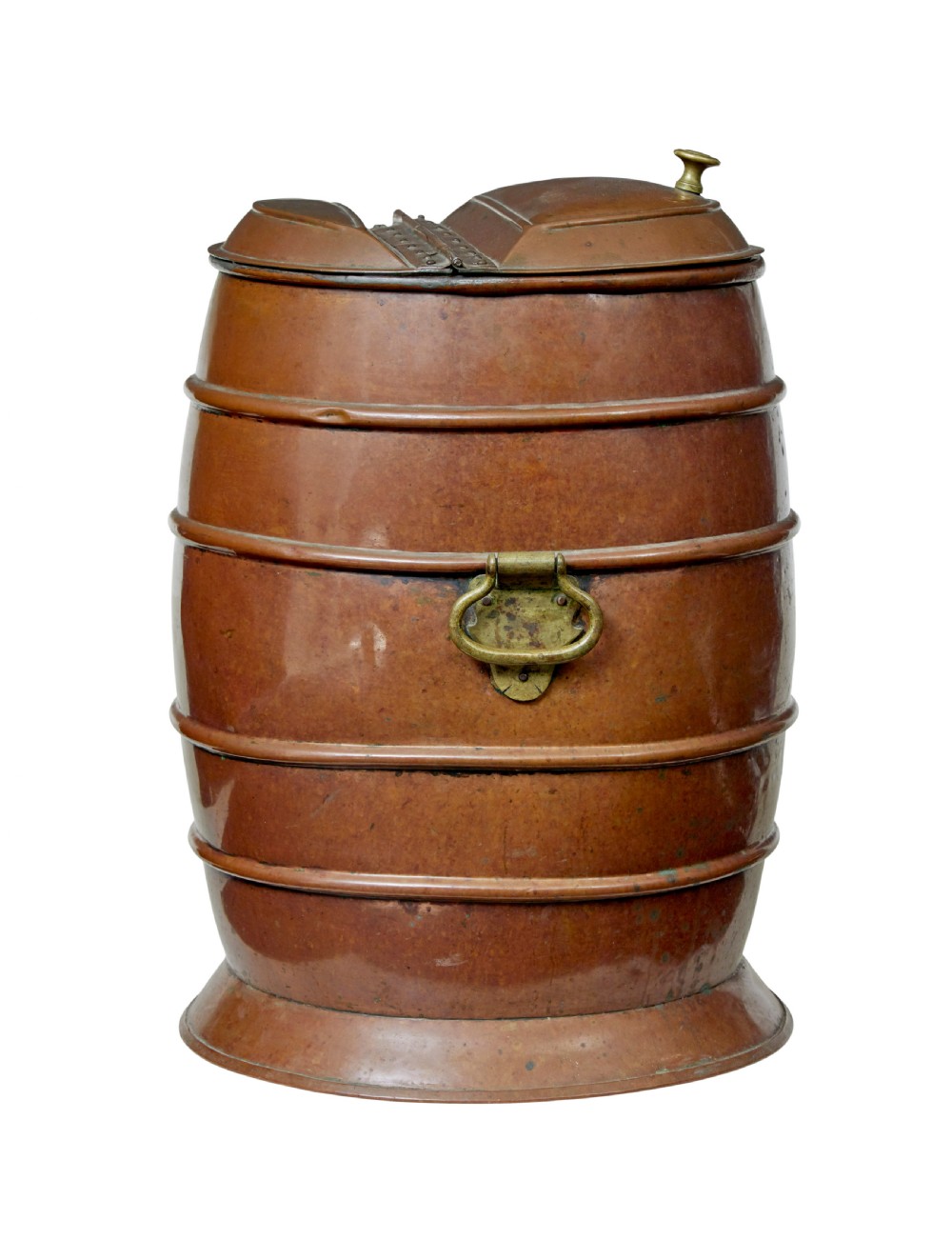 A 19th-century copper water barrel with horizontal raised bands, cast brass drop handles, a flared base, and a fitted copper lid with a brass knob. View V