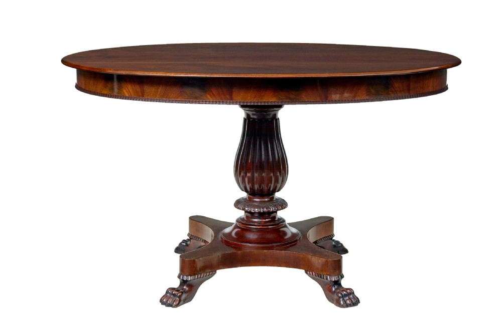 A nineteenth-century mahogany oval centre table featuring a fluted pedestal stem and carved paw feet on a concave quadripartite base. View III