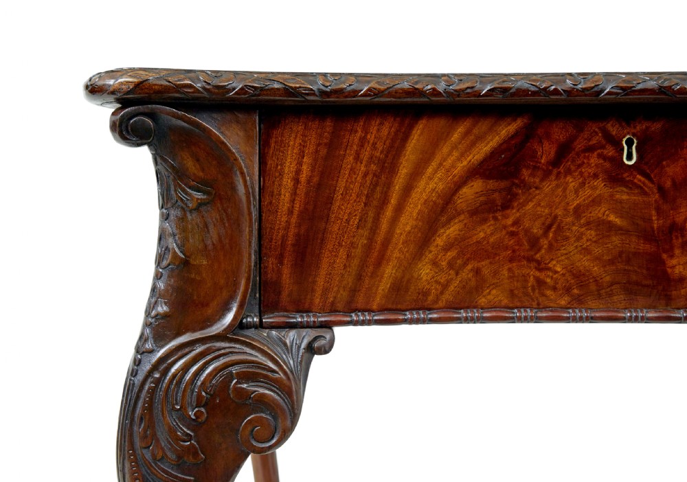 A mid-19th-century mahogany writing desk in the Chippendale style featuring cabriole legs ending in ball and claw feet, with carved knee details and frieze drawers. View VII