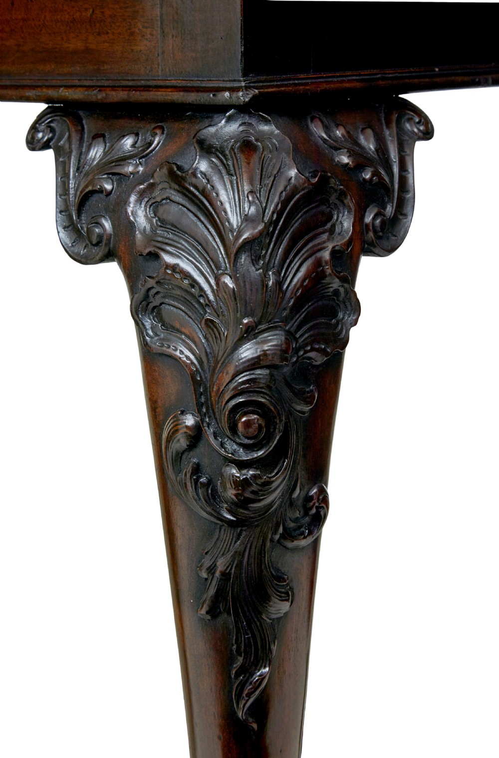 A 19th-century dark mahogany serving table featuring carved cabriole legs, claw feet, and a carved central apron mask. View X