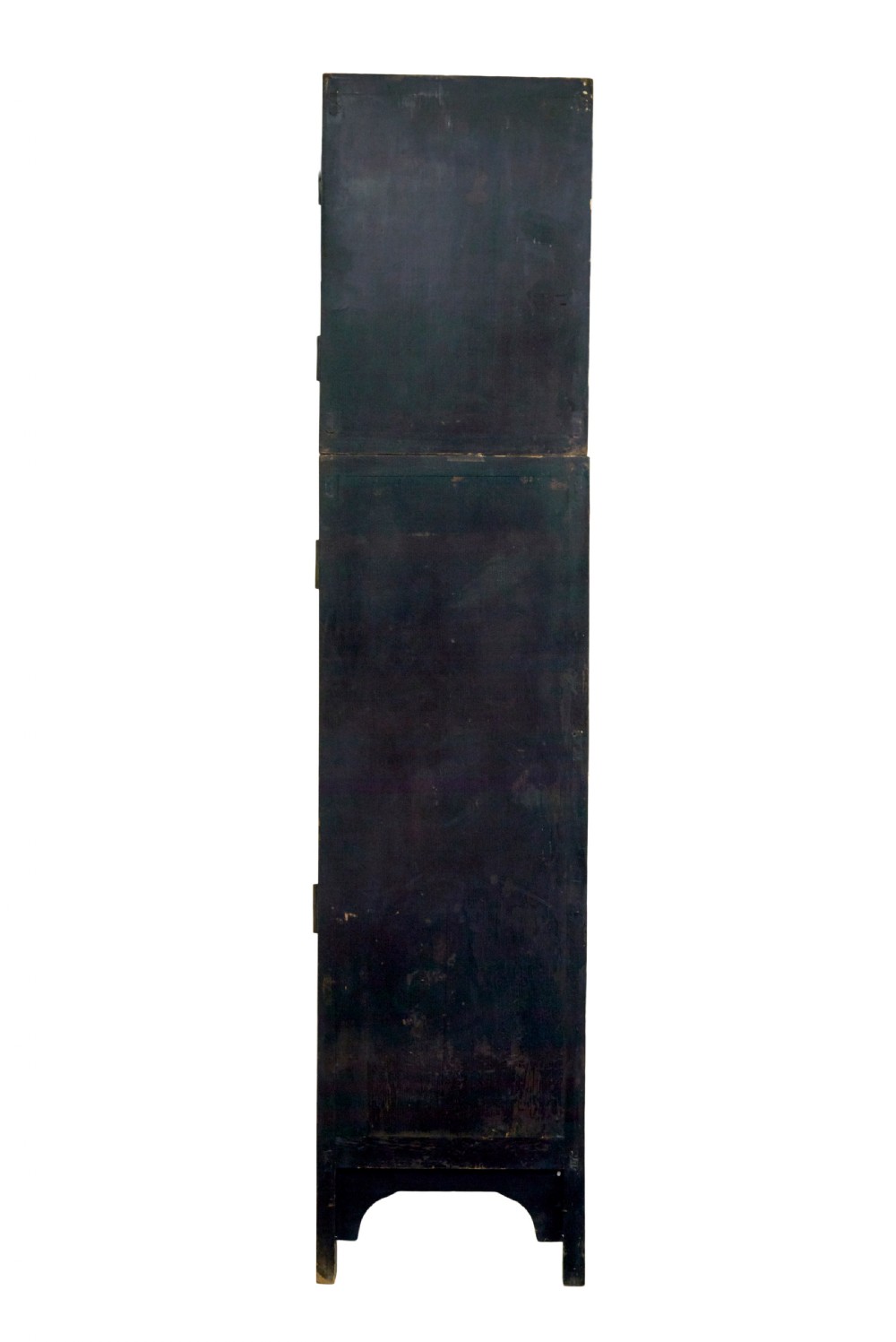 A pair of tall 19th-century black lacquered Chinese compound cabinets featuring circular brass lockplates and carved apron bases. View IV