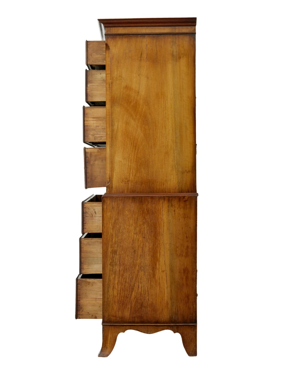 A two-section Late Georgian walnut chest on chest featuring figured timber veneers, brass drop handles, and bracket feet. View V