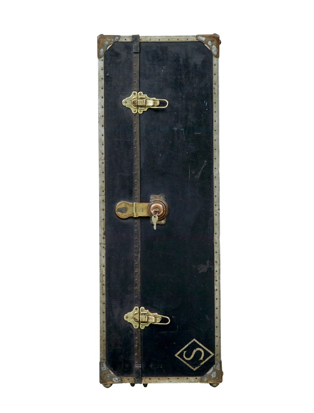 An open early 20th-century vertical steamer chest featuring a clothes hanging compartment with straps on the left and a column of six wooden drawers with recessed brass handles on the right. View IV