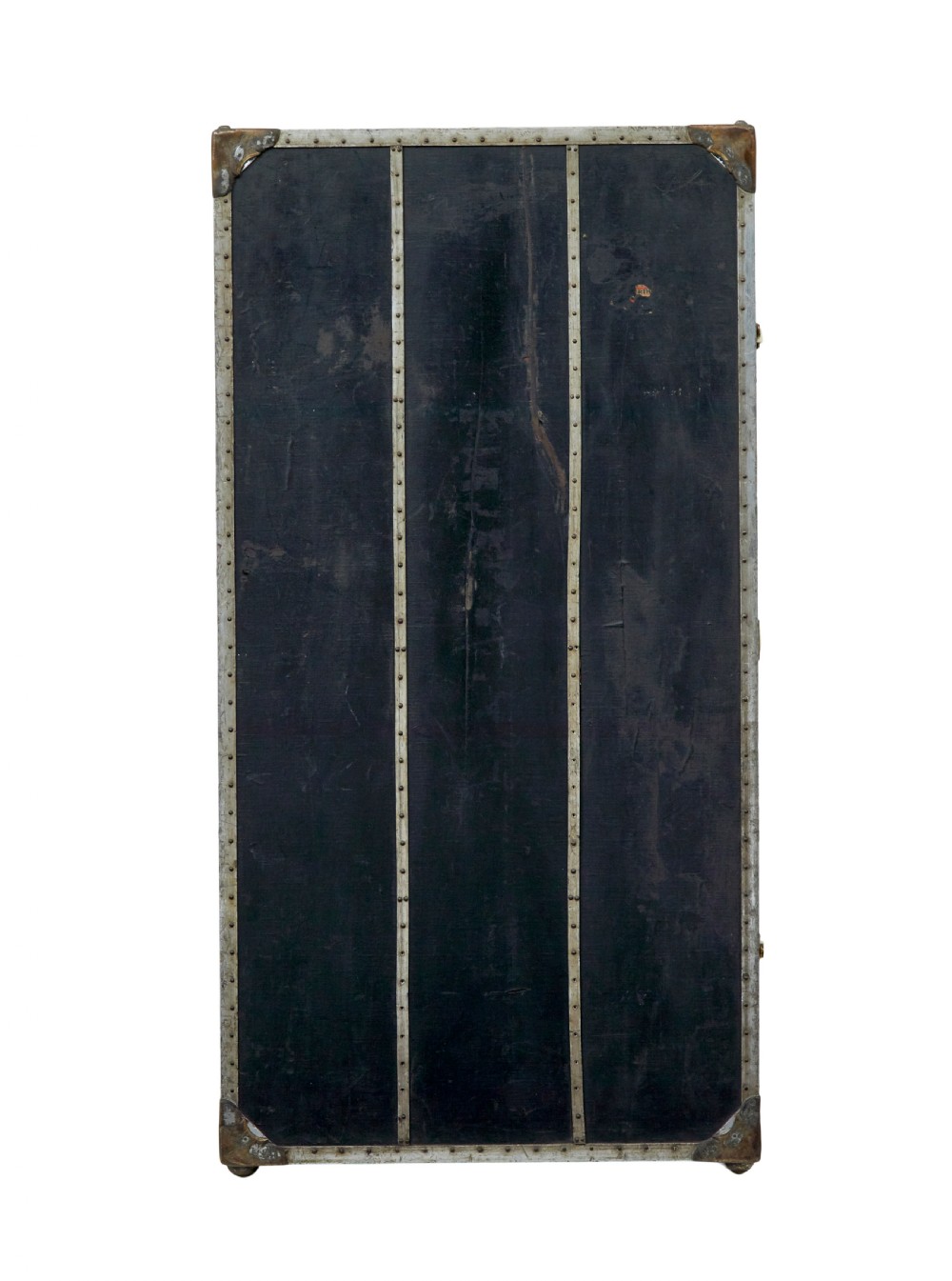 An open early 20th-century vertical steamer chest featuring a clothes hanging compartment with straps on the left and a column of six wooden drawers with recessed brass handles on the right. View V