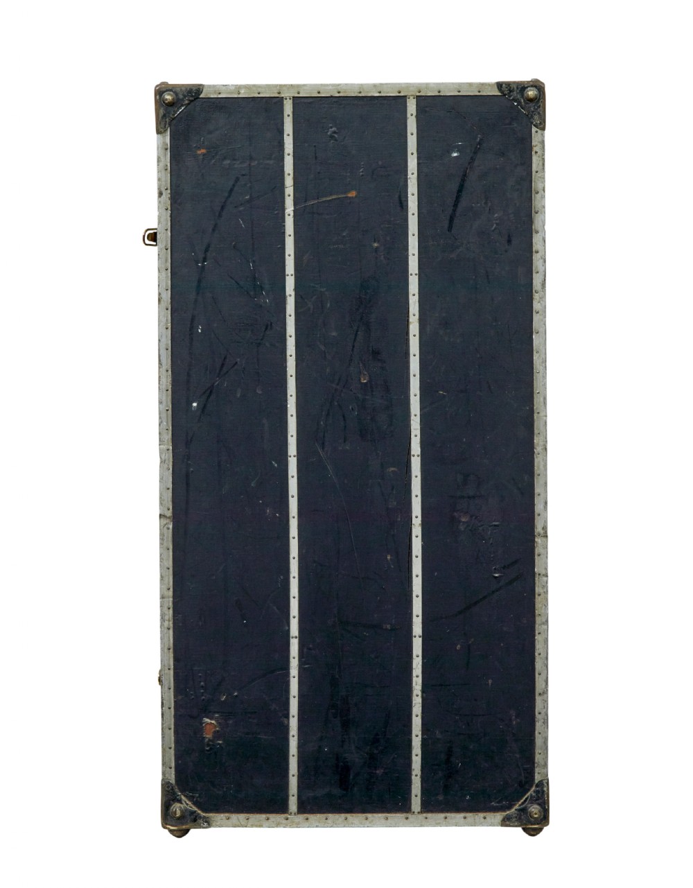 An open early 20th-century vertical steamer chest featuring a clothes hanging compartment with straps on the left and a column of six wooden drawers with recessed brass handles on the right. View VIII
