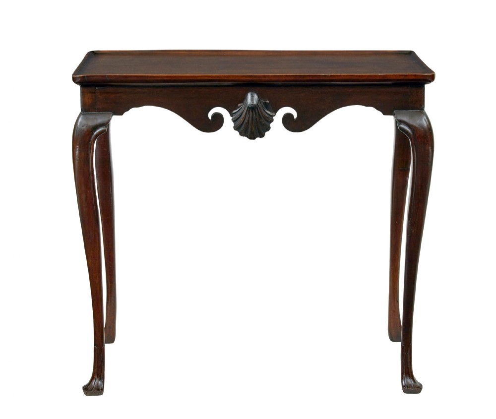A dark mahogany Georgian-style silver table featuring cabriole legs with pad feet, a tray top edge, and a shell carved motif on the apron. View VIII