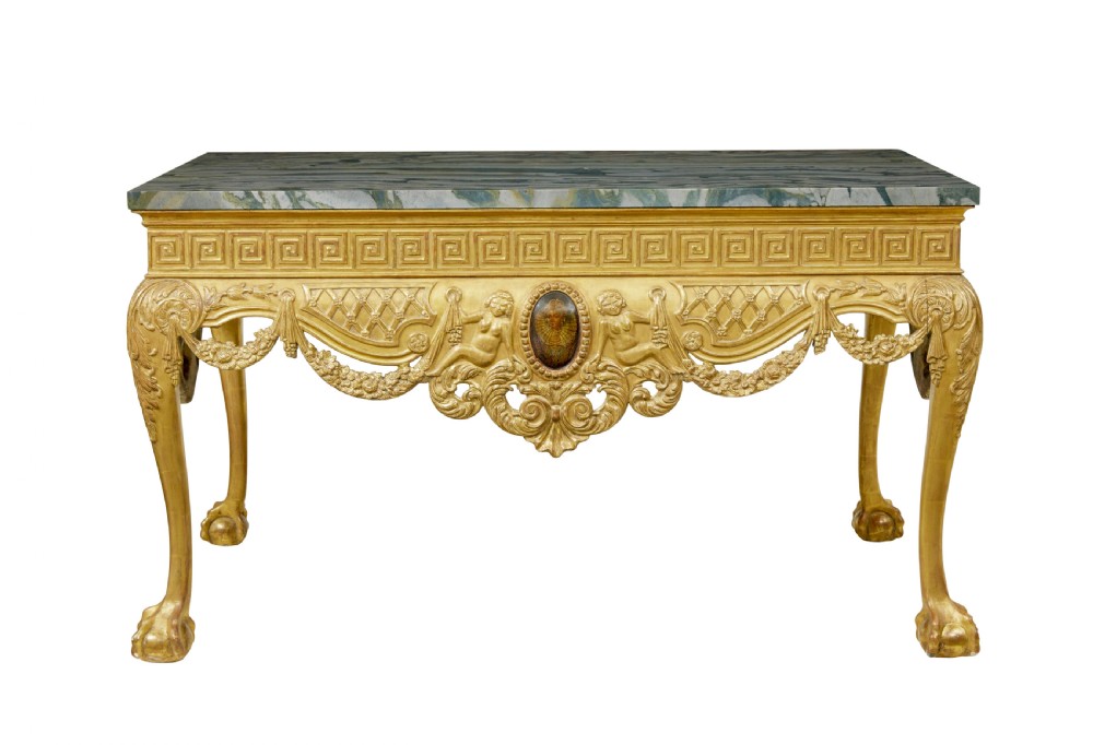 A 19th-century George II style giltwood centre table featuring a green marble top, Greek key frieze, carved swags, and cabriole legs ending in ball and claw feet. View IV