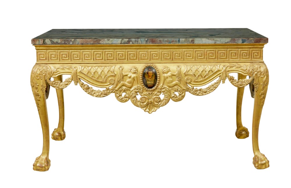 A 19th-century George II style giltwood centre table featuring a green marble top, Greek key frieze, carved swags, and cabriole legs ending in ball and claw feet. View VI