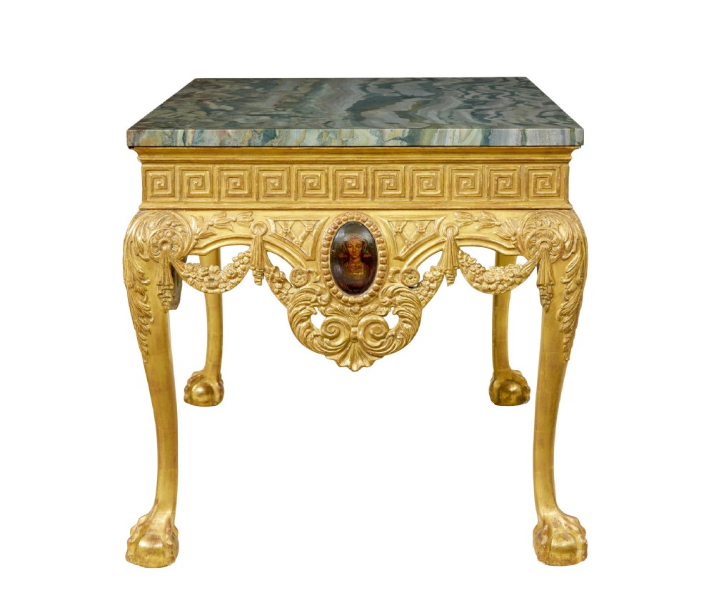 A 19th-century George II style giltwood centre table featuring a green marble top, Greek key frieze, carved swags, and cabriole legs ending in ball and claw feet. View VII
