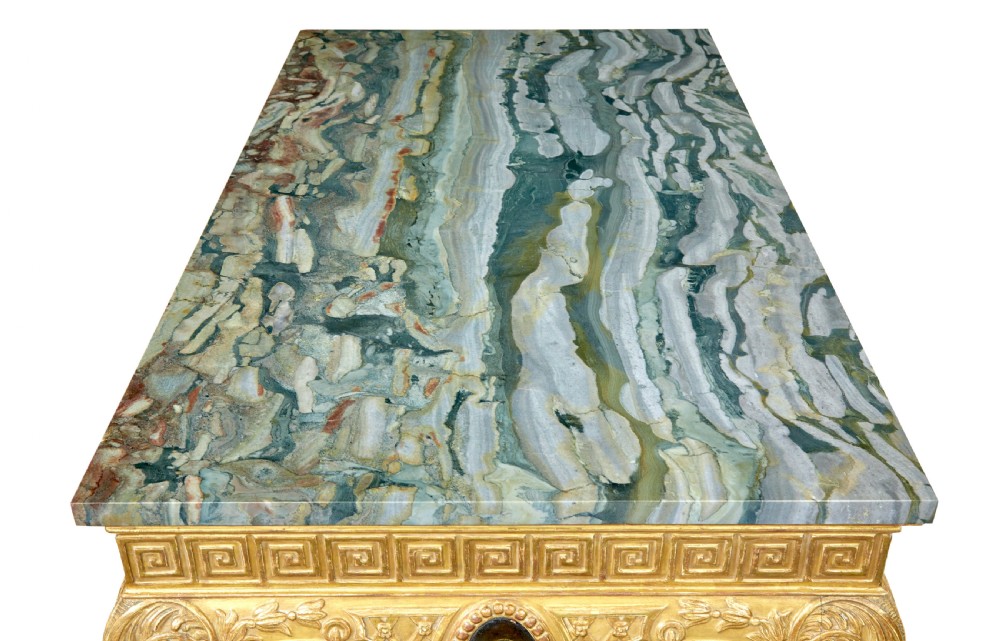 A 19th-century George II style giltwood centre table featuring a green marble top, Greek key frieze, carved swags, and cabriole legs ending in ball and claw feet. View VIII
