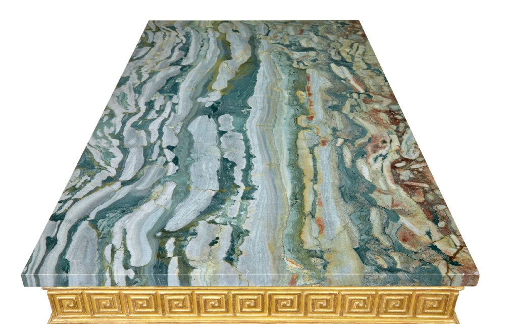 A 19th-century George II style giltwood centre table featuring a green marble top, Greek key frieze, carved swags, and cabriole legs ending in ball and claw feet. View IX