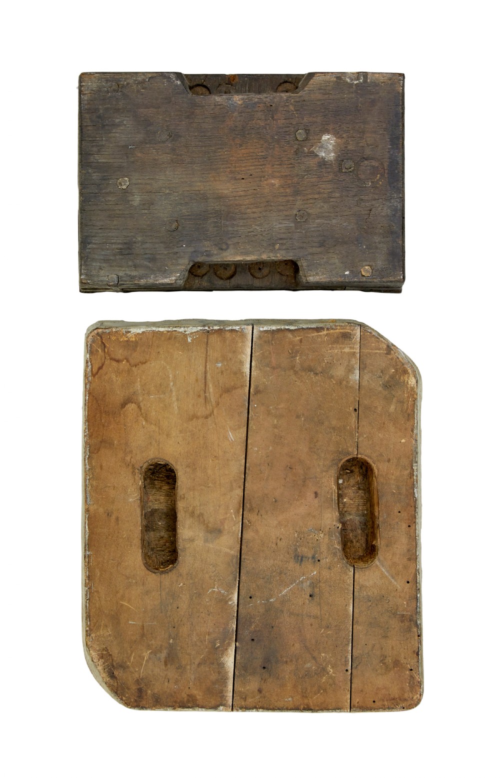 A collection of ten square and rectangular hand-carved wooden textile printing blocks featuring intricate brass wire and pin patterns. View XII