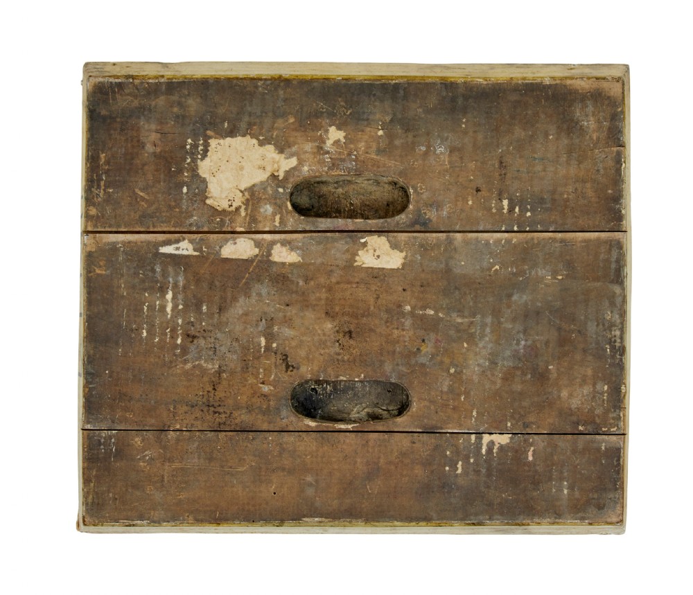 A collection of ten square and rectangular hand-carved wooden textile printing blocks featuring intricate brass wire and pin patterns. View XIV