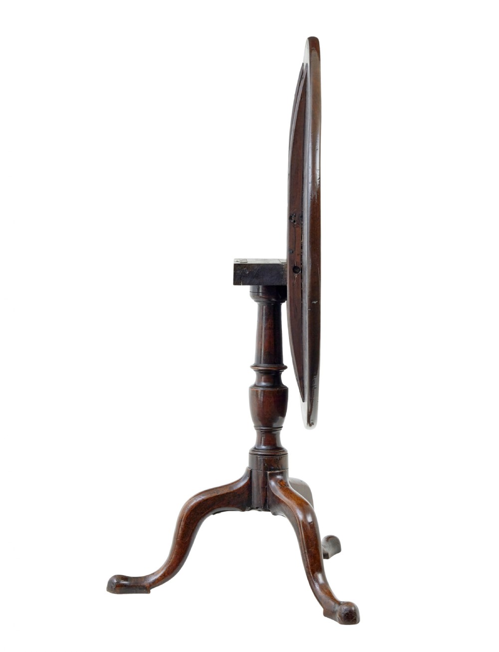 A circular dark mahogany Georgian tripod table featuring a turned central column and three cabriole legs with pad feet. View III