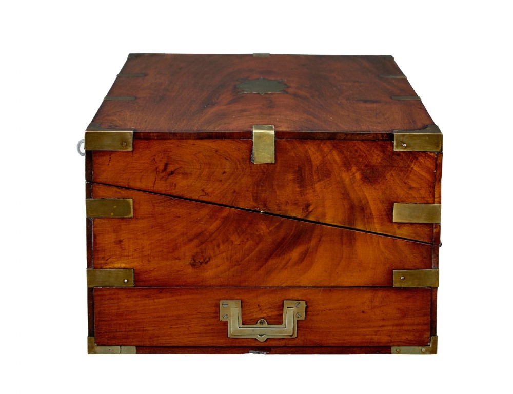 A mid-19th century mahogany campaign writing slope with protective brass-bound corners, a brass keyhole escutcheon, and flush side handles. View IV