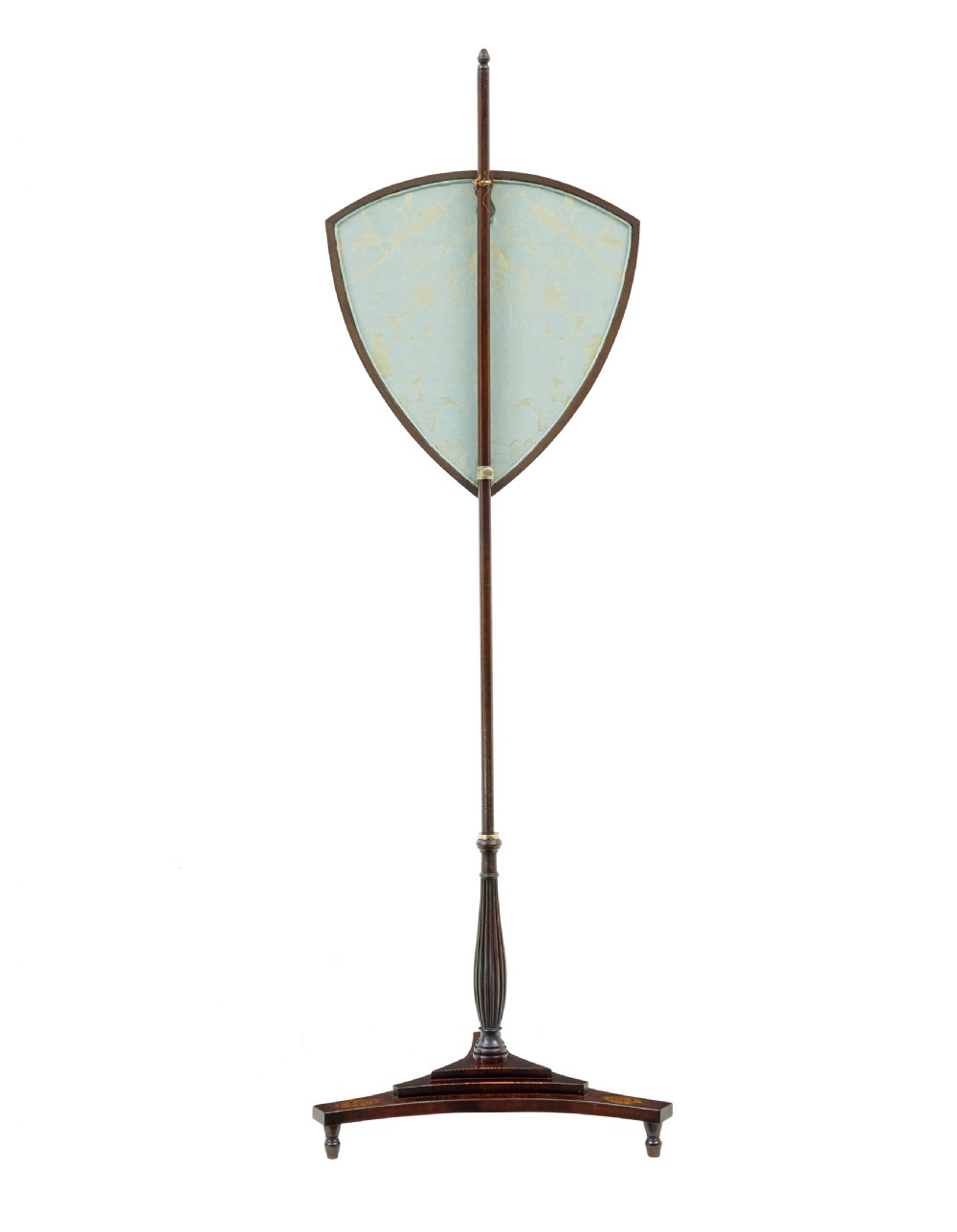 A 19th-century mahogany tripod pole screen featuring an adjustable shield-shaped light blue damask silk panel and an inlaid pedestal base. View II