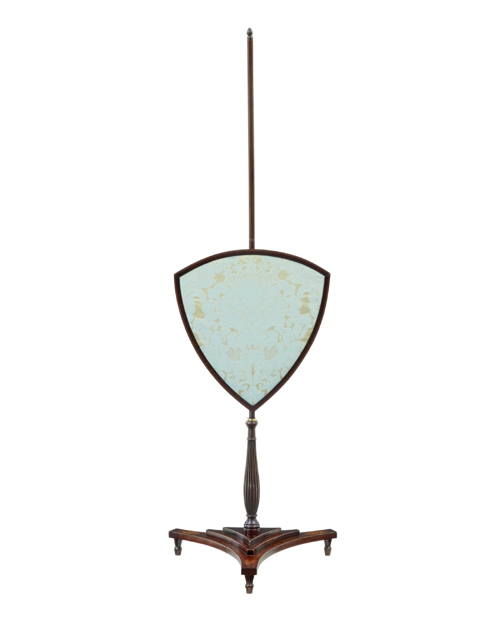 A 19th-century mahogany tripod pole screen featuring an adjustable shield-shaped light blue damask silk panel and an inlaid pedestal base. View III