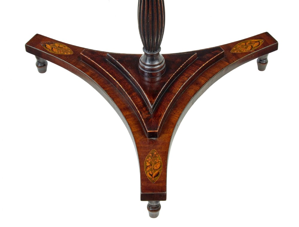 A 19th-century mahogany tripod pole screen featuring an adjustable shield-shaped light blue damask silk panel and an inlaid pedestal base. View IV