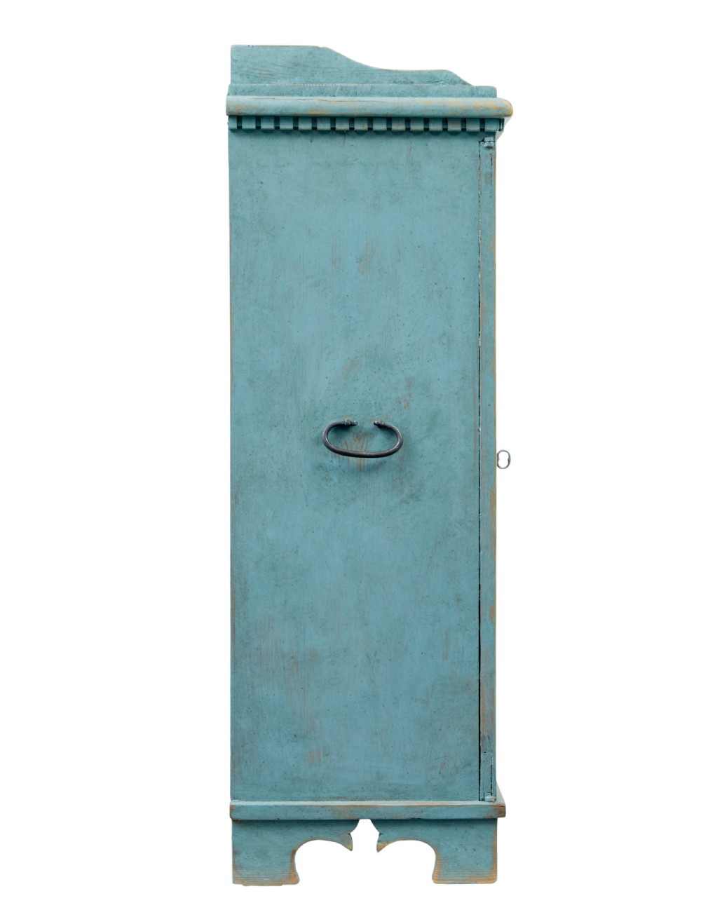 A 19th-century Scandinavian pine double-door cupboard with a distressed light blue painted finish, dentil moulding along the top, and cut-out bracket feet. View VI