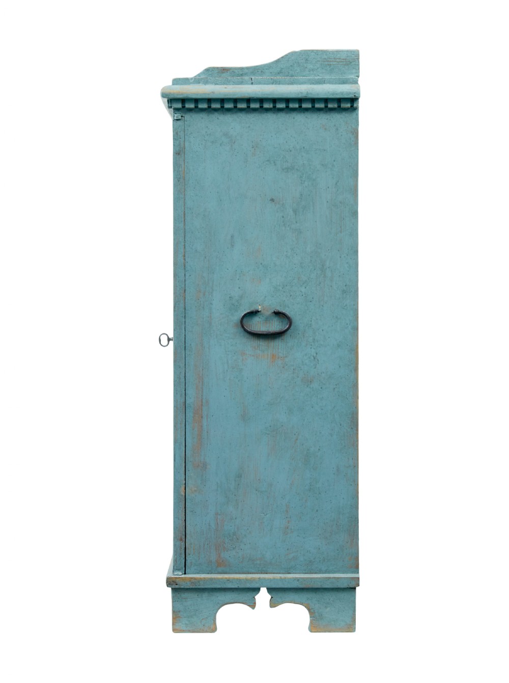 A 19th-century Scandinavian pine double-door cupboard with a distressed light blue painted finish, dentil moulding along the top, and cut-out bracket feet. View VII